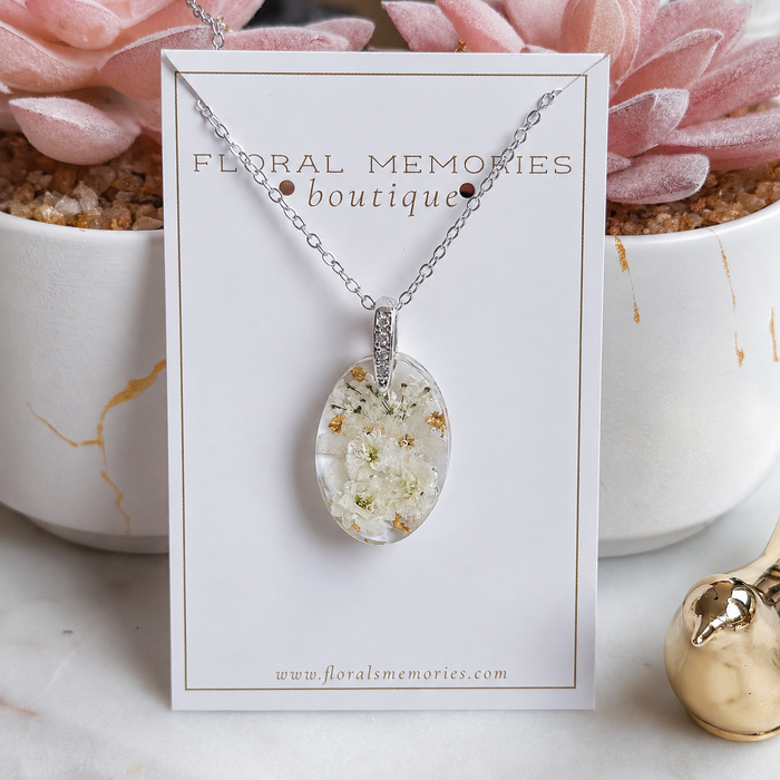 Flower Preservation Jewelry — Necklace – Oval (Style 1) / Silver Steel