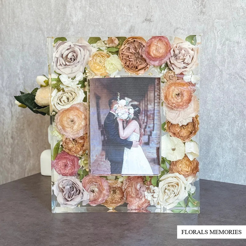 Before and after wedding bouquet preserved in a resin frame block keepsake