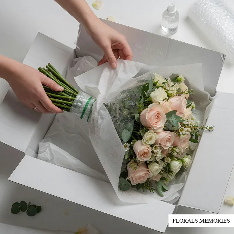 Hands carefully packing a fresh wedding bouquet for flower preservation shipping