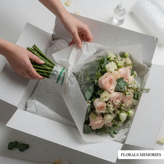 Hands carefully packing a fresh wedding bouquet for flower preservation shipping
