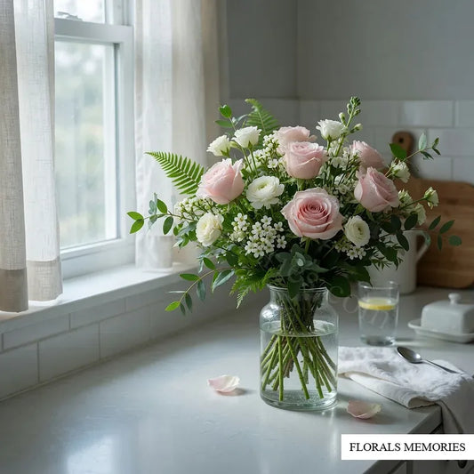 Day-after wedding bouquet of blush roses in a glass vase of water