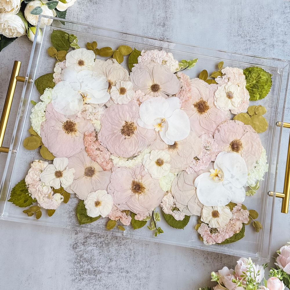 Blush resin tray keepsake made from a preserved wedding bouquet