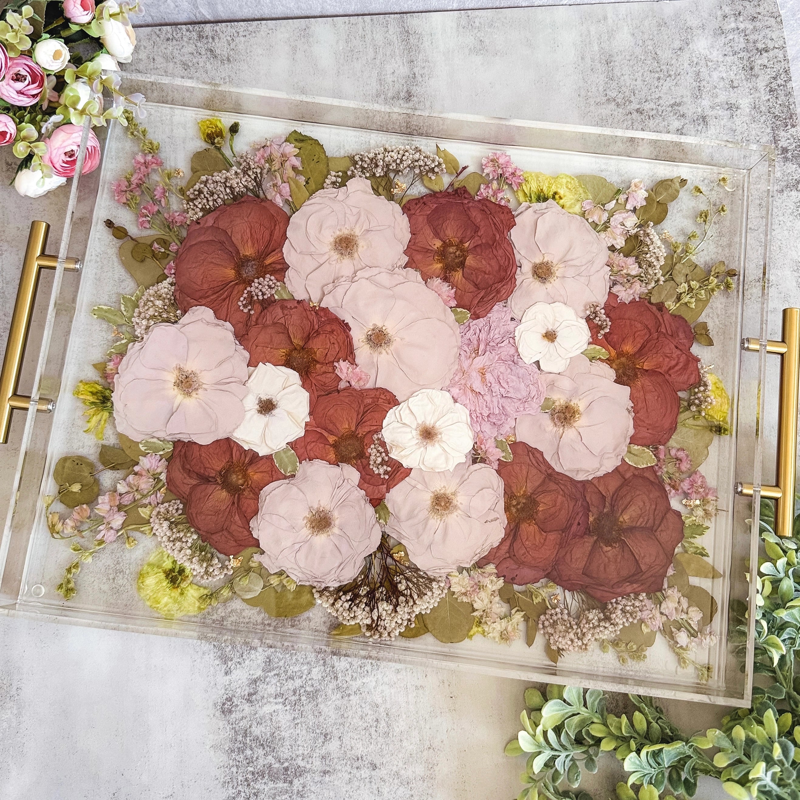 Resin serving tray keepsake made from a preserved wedding bouquet