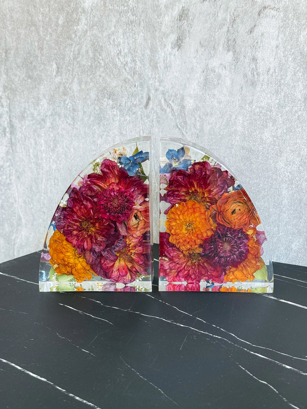 Statement resin bookends keepsake made from a preserved wedding bouquet