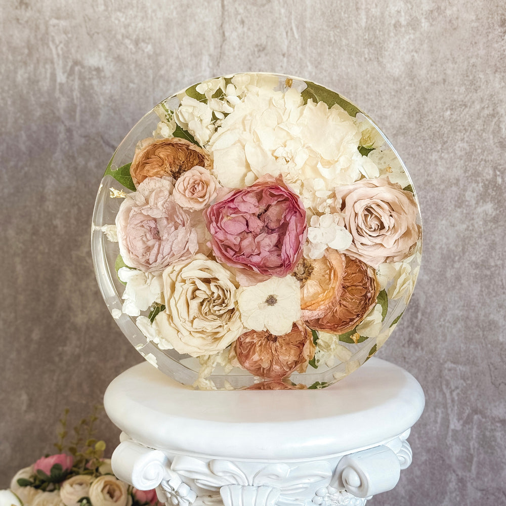Resin circle block keepsake made from a preserved wedding bouquet
