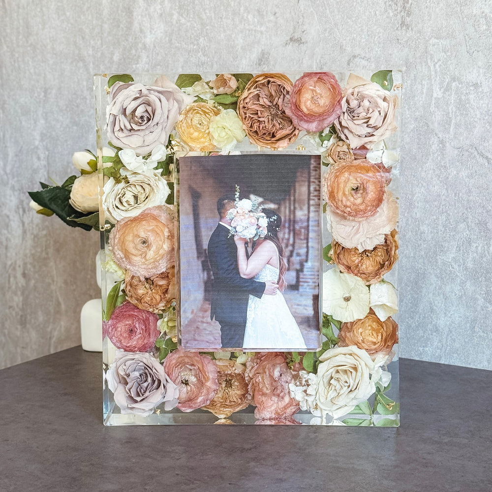 Resin photo frame keepsake made from a preserved wedding bouquet