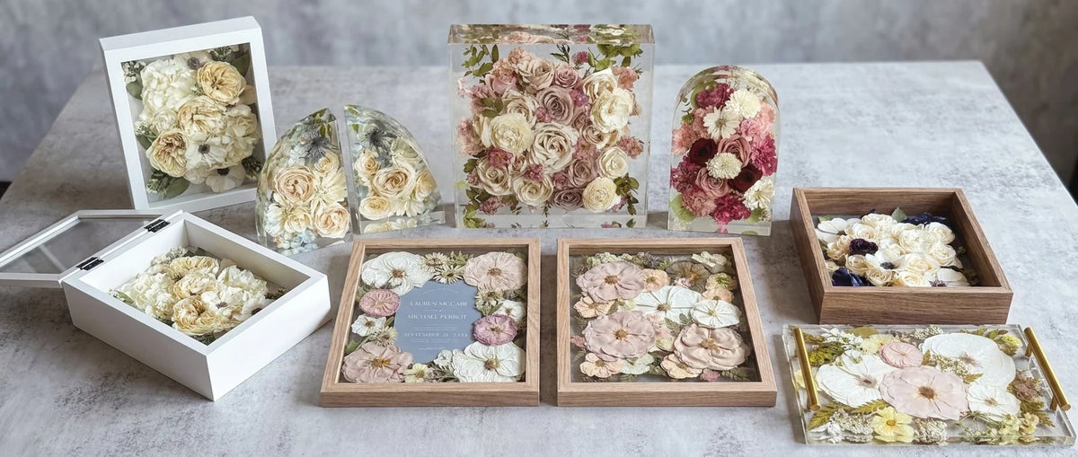 Flower preservation keepsakes — pressed frames, resin blocks, and custom floral art